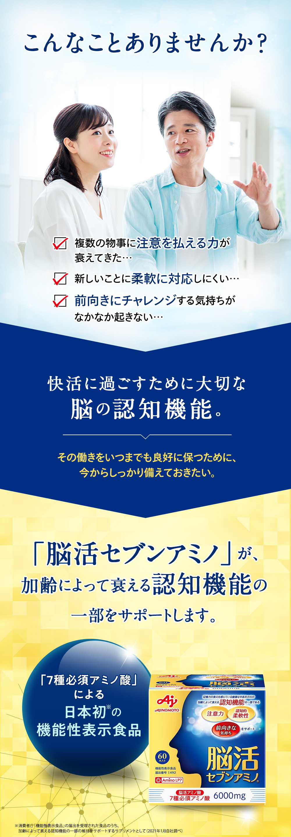 こんなことありませんか？ 快活に過ごすために大切な脳の認知機能。「脳活セブンアミノ」が、加齢によって衰える認知機能の一部をサポートします。