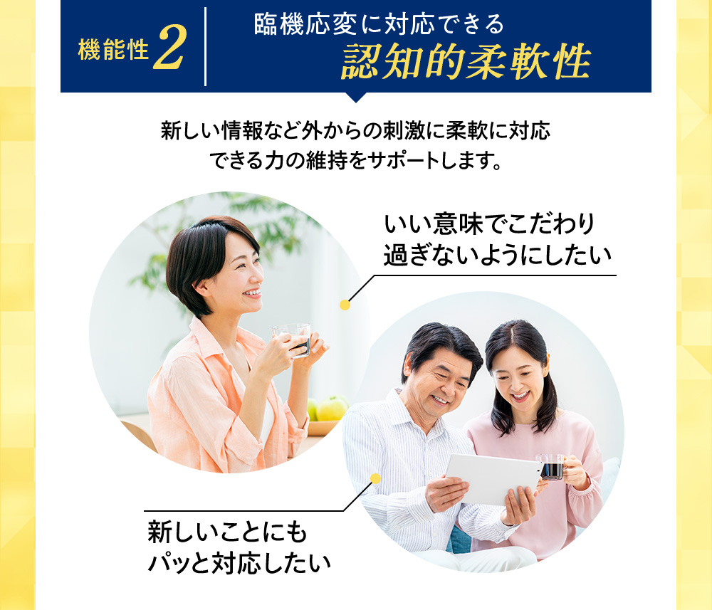 機能性2 臨機応変に対応できる認知的柔軟性 新しい情報など外からの刺激に柔軟に対応できる力の維持をサポートします。