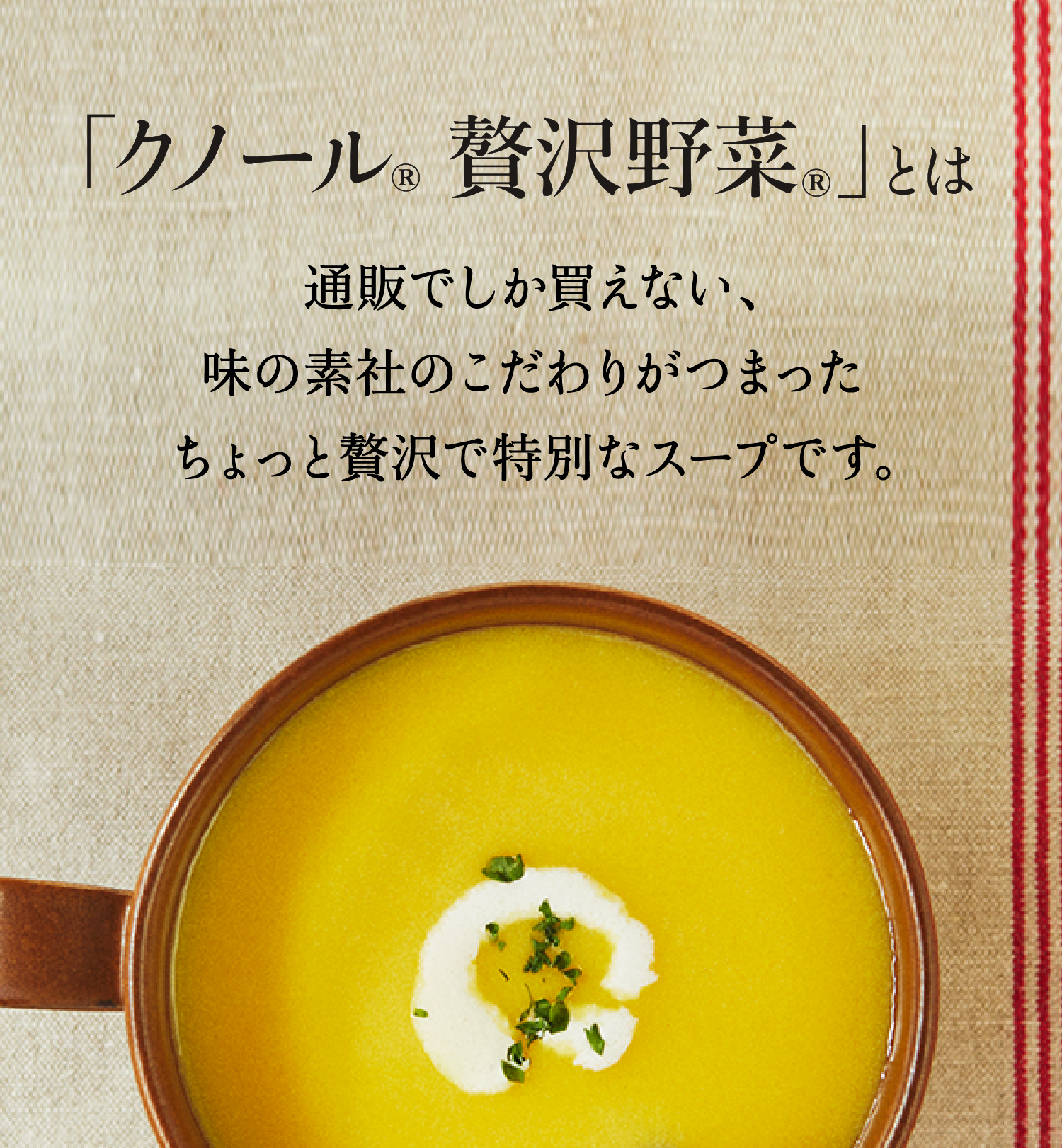「クノール 贅沢野菜」とは 通販でしか買えない、味の素社のこだわりがつまったちょっと贅沢で特別なスープです。