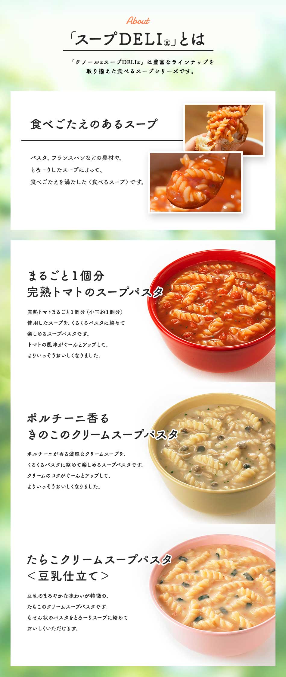 「クノール®スープDELI®」 トマト／きのこ／たらこ 18袋入