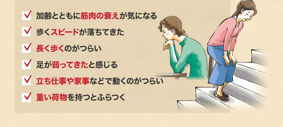 加齢とともに筋肉の衰えが気になる。歩くスピードが落ちてきた。長く歩くのがつらい。足が弱ってきたと感じる。立ち仕事や家事などで動くのがつらい。重い荷物を持つとふらつく。