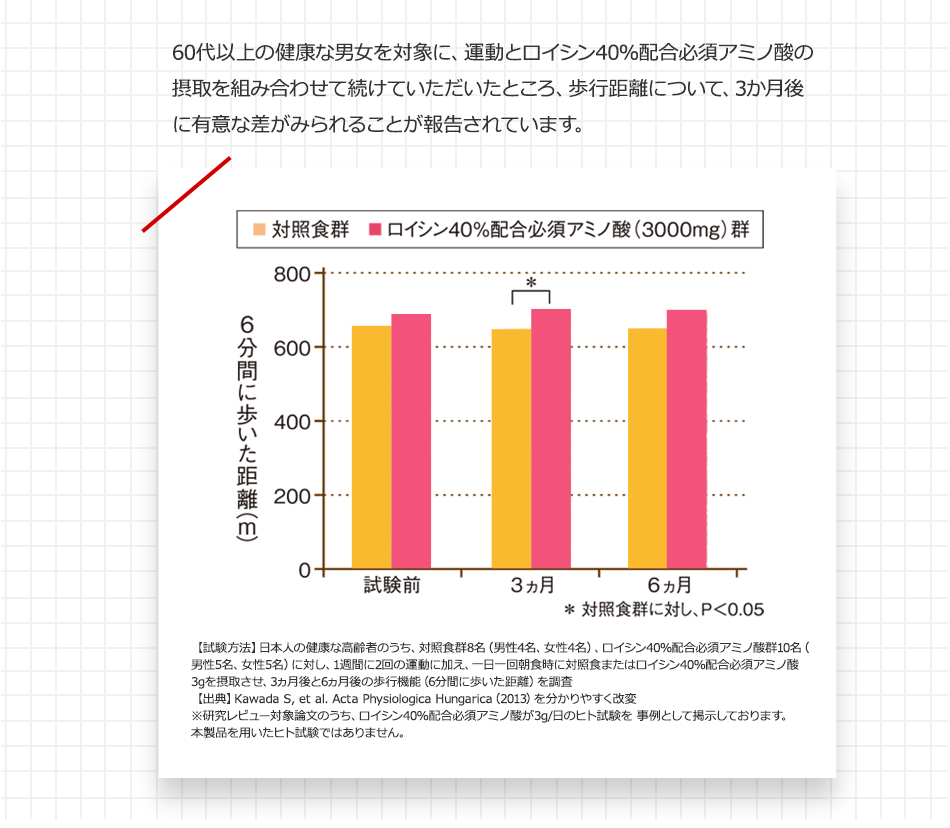 60代以上の健康な男女を対象に、運動とロイシン40％配合必須アミノ酸の摂取を組み合わせて続けていただいたところ、歩行距離が3ヵ月後に改善することがわかりました。