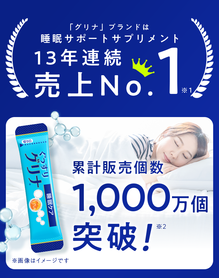 「グリナ」ブランドは睡眠サポートサプリメント13年連続売上No.1※1 累計販売個数1,000万個突破!※画像はイメージです