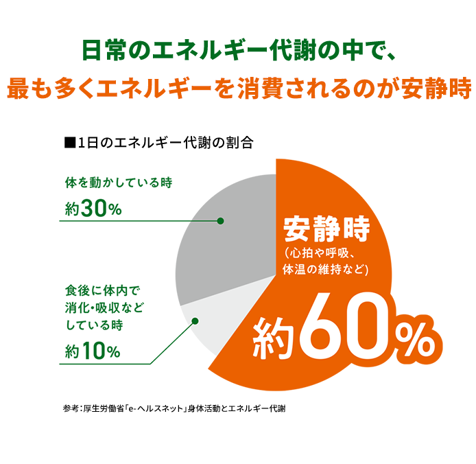 日常のエネルギー代謝の中で、最も多くエネルギーを消費されるのが安静時