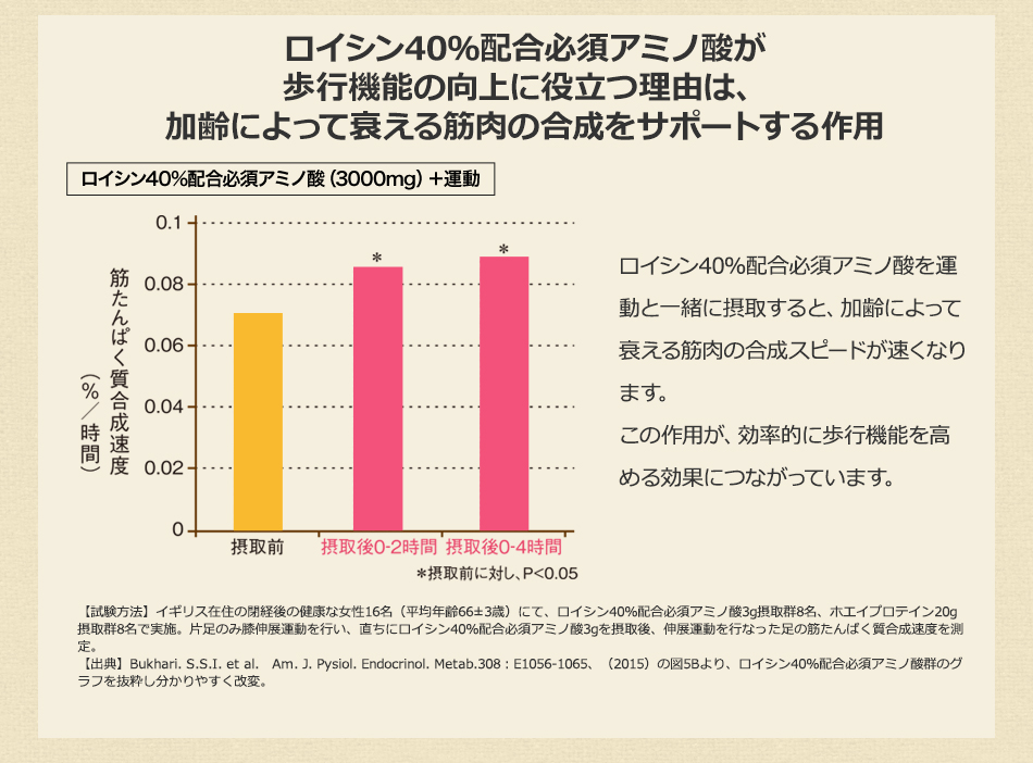 歩行機能が向上する理由は、加齢によって衰える筋肉の合成をサポートする作用