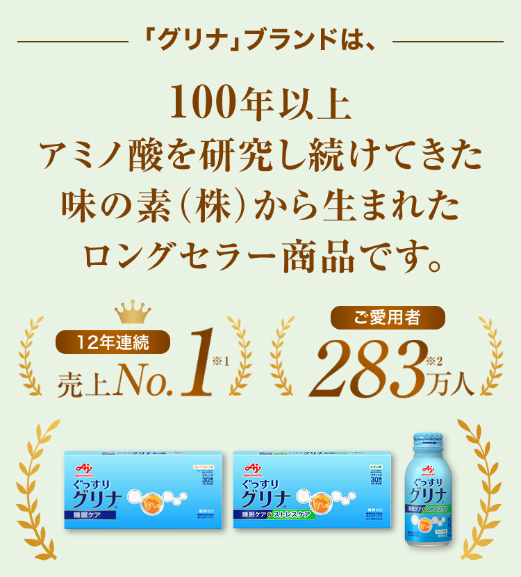 「グリナ」ブランドは、 100年以アミノ酸を研究し続けてき味の素（株）から生まれロングセラー商品です。
